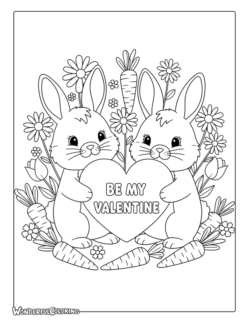Bunny couple “Be My Valentine” coloring page with rabbits holding a heart