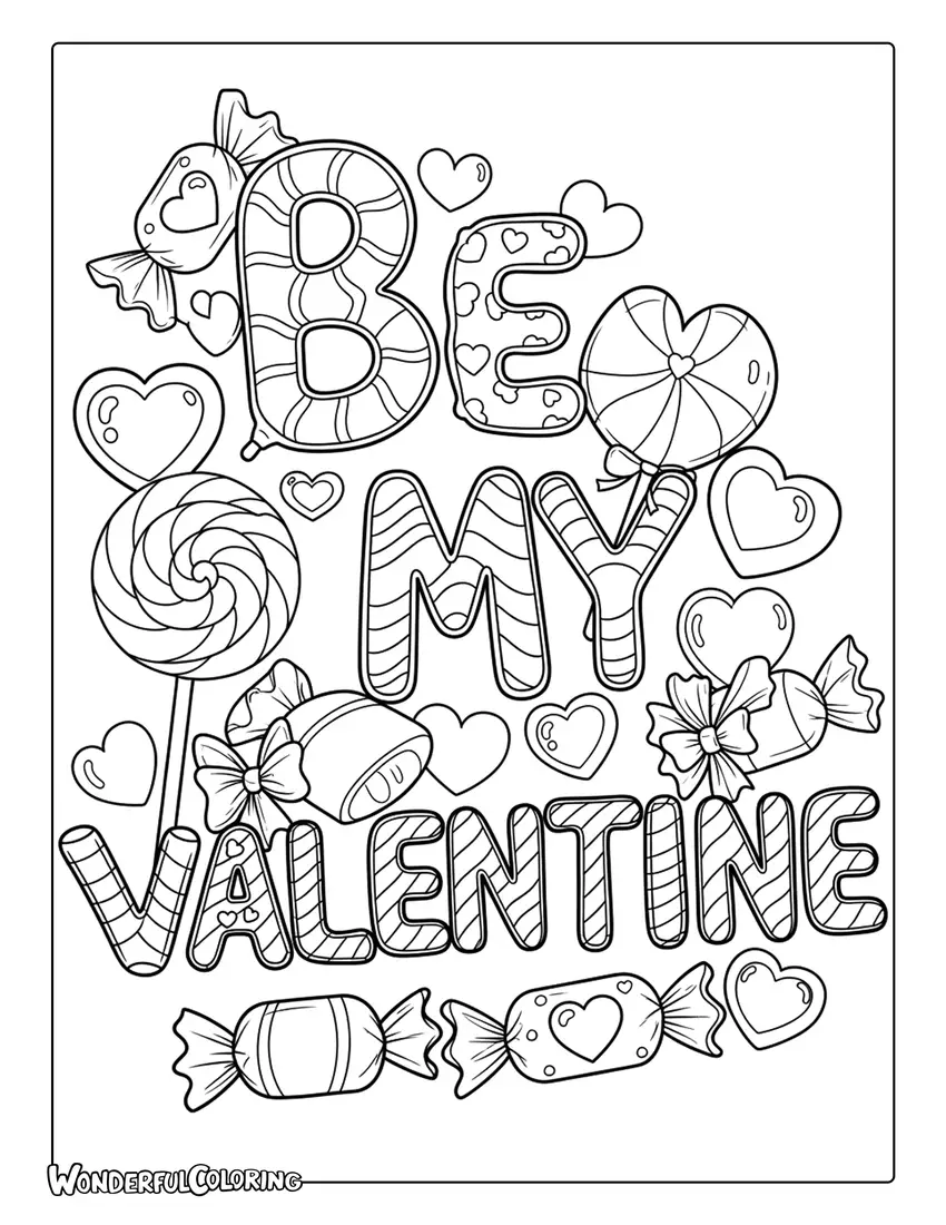 Candy-themed “Be My Valentine” coloring page with sweets and chocolates
