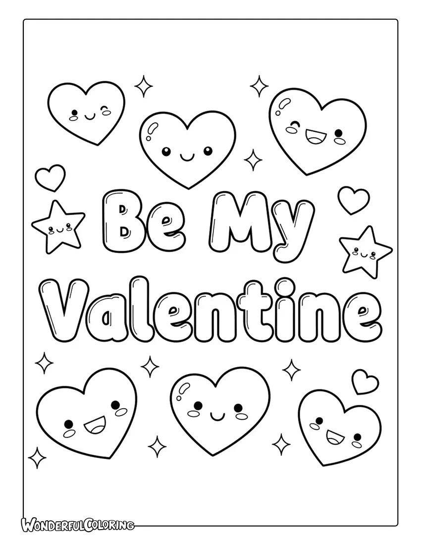 Cute cartoon “Be My Valentine” coloring page with smiling hearts and sparkles