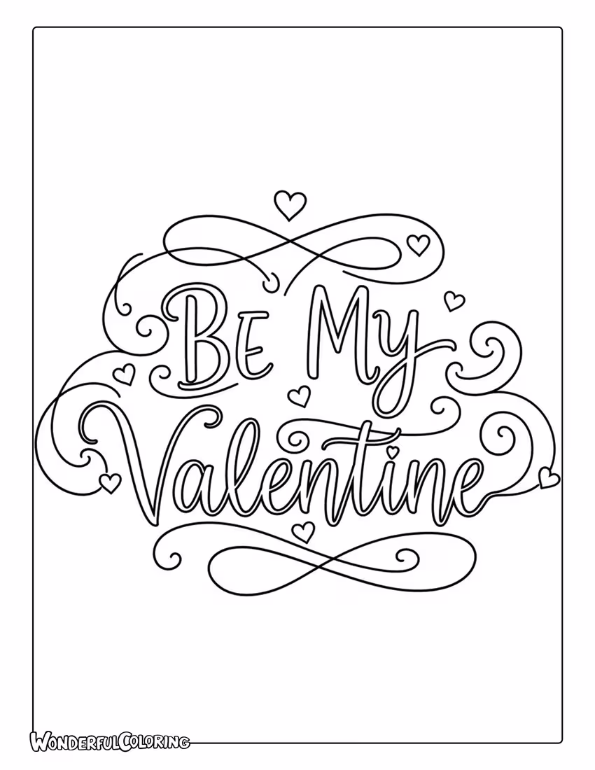 Elegant calligraphy “Be My Valentine” coloring page with romantic flourishes
