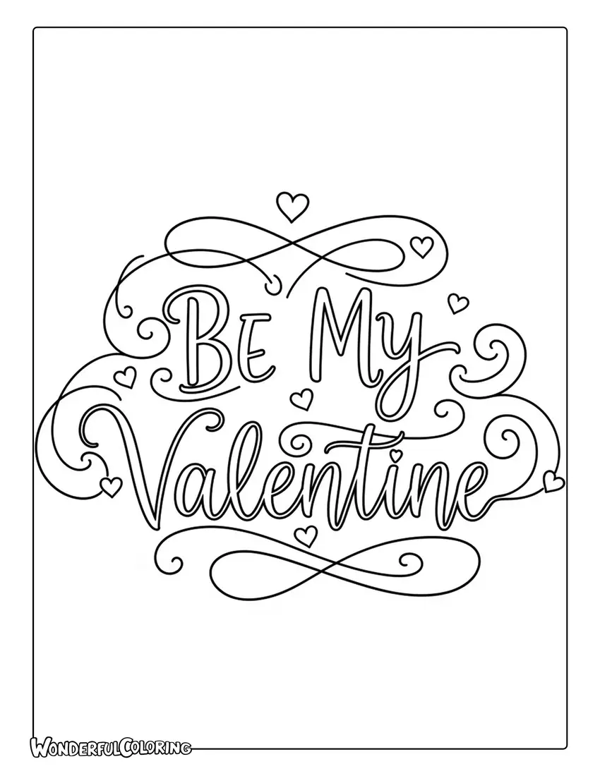 Elegant calligraphy “Be My Valentine” coloring page with romantic flourishes