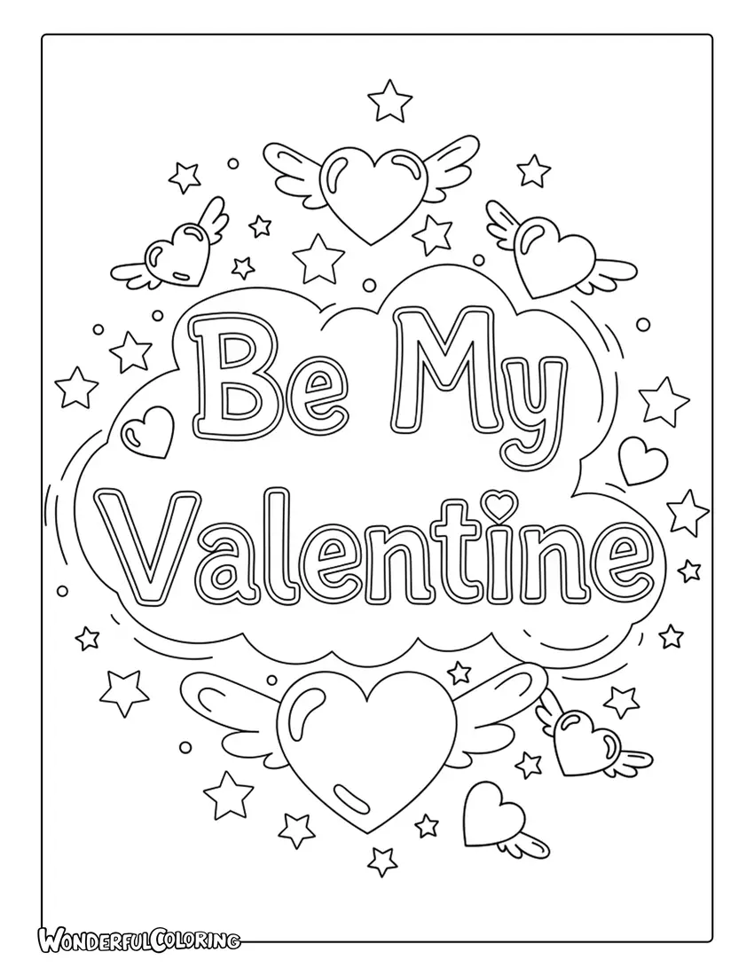 Fairytale “Be My Valentine” coloring page with magical hearts and stars