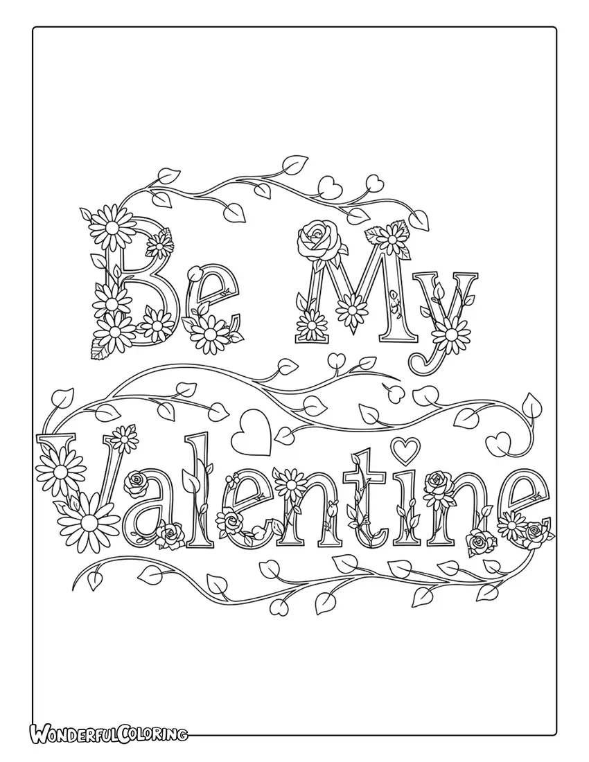 Floral “Be My Valentine” coloring page with flowers and leafy letters
