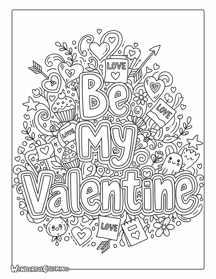 Hand-lettered doodle “Be My Valentine” coloring page with hearts and cupcakes