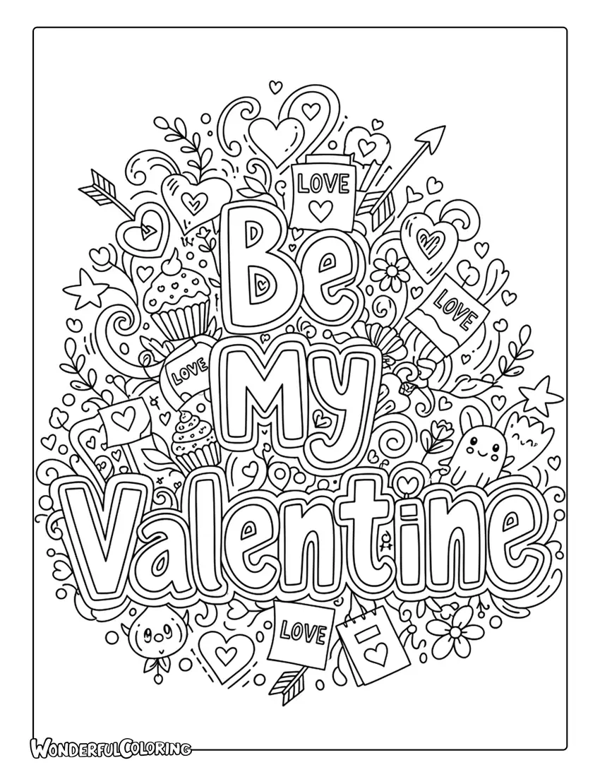 Hand-lettered doodle “Be My Valentine” coloring page with hearts and cupcakes