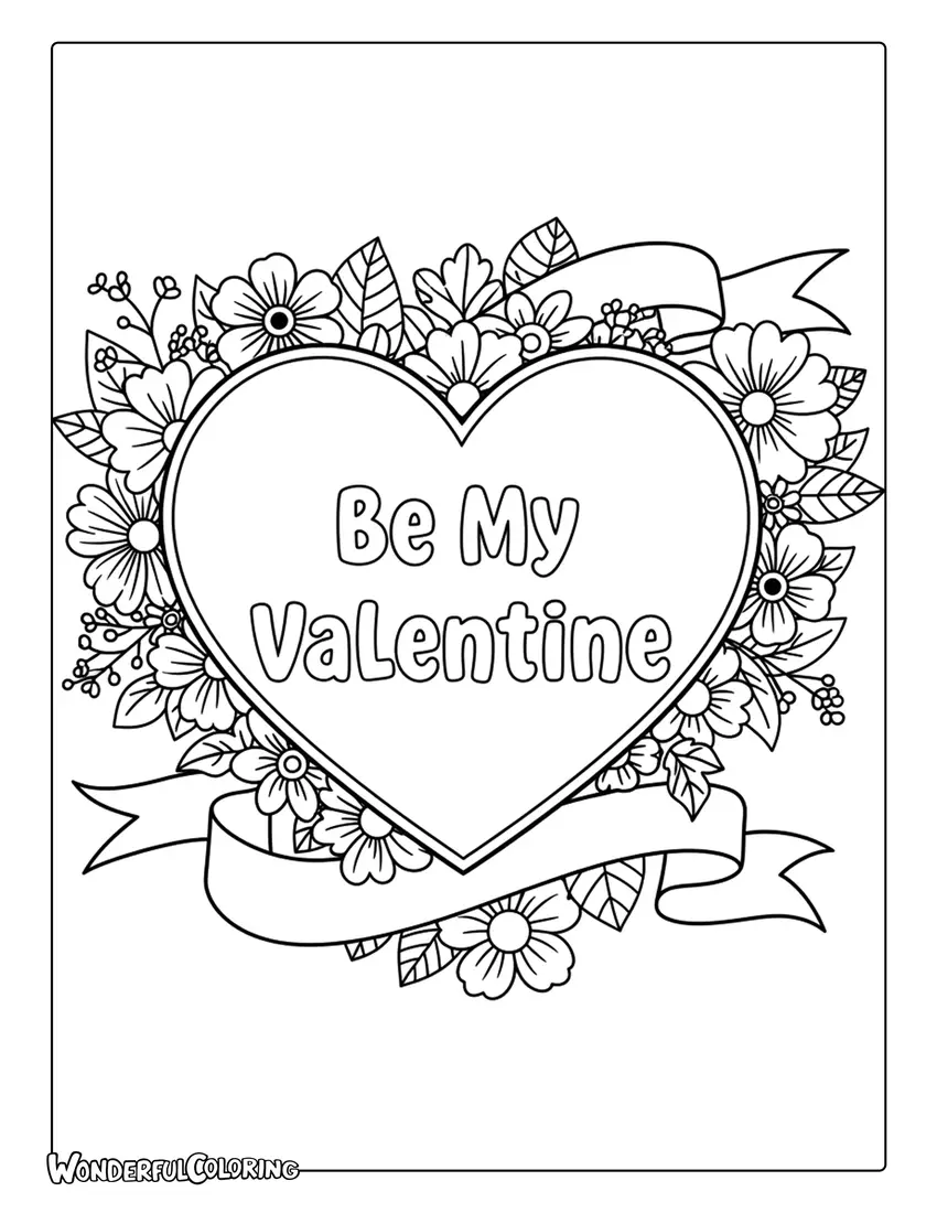 Heart frame “Be My Valentine” coloring page with flowers and ribbons