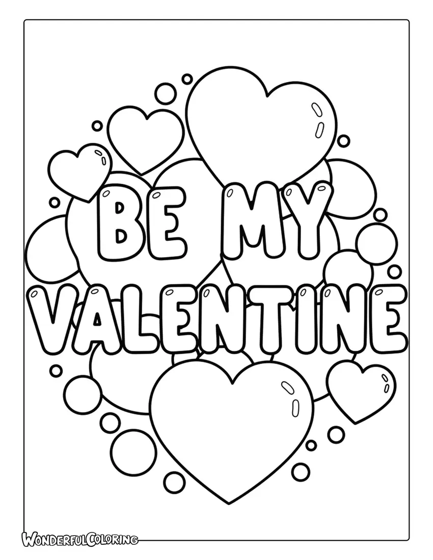 Fantasy heart world “Be My Valentine” coloring page with clouds.