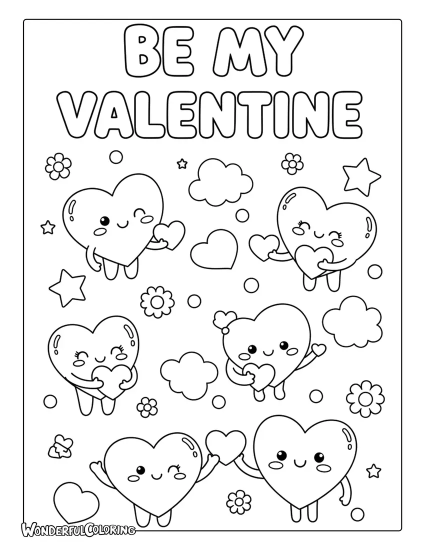Kawaii “Be My Valentine” coloring page with smiling pastel hearts