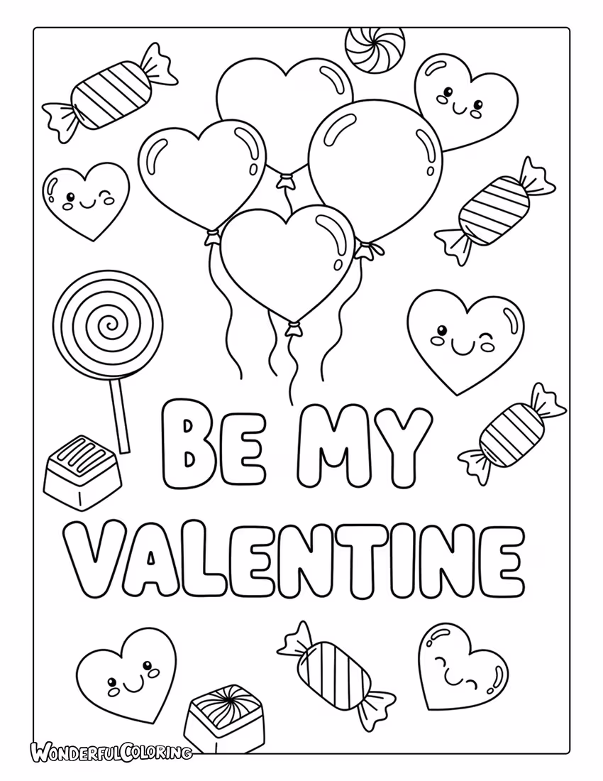 Kids “Be My Valentine” coloring page with playful letters and candy hearts