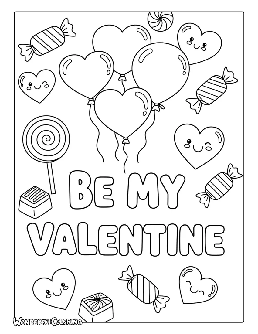 Kids “Be My Valentine” coloring page with playful letters and candy hearts