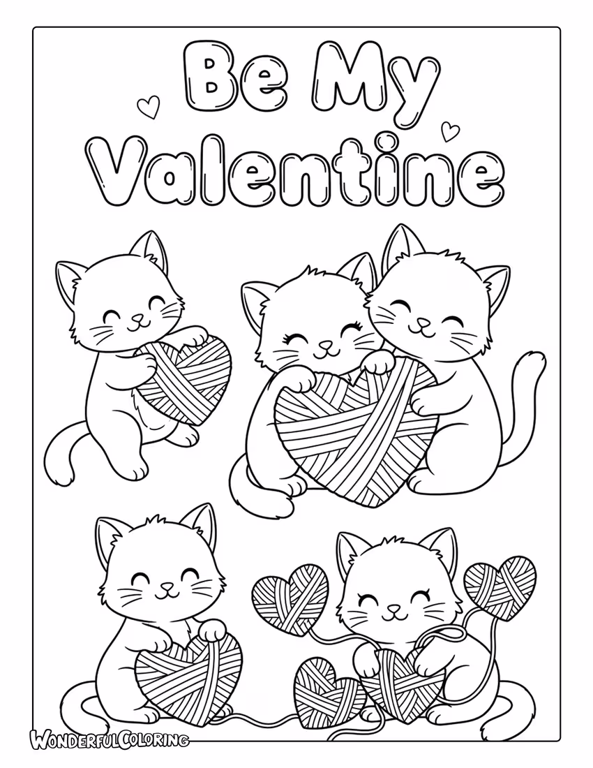 Kitten “Be My Valentine” coloring page with playful cats and yarn hearts