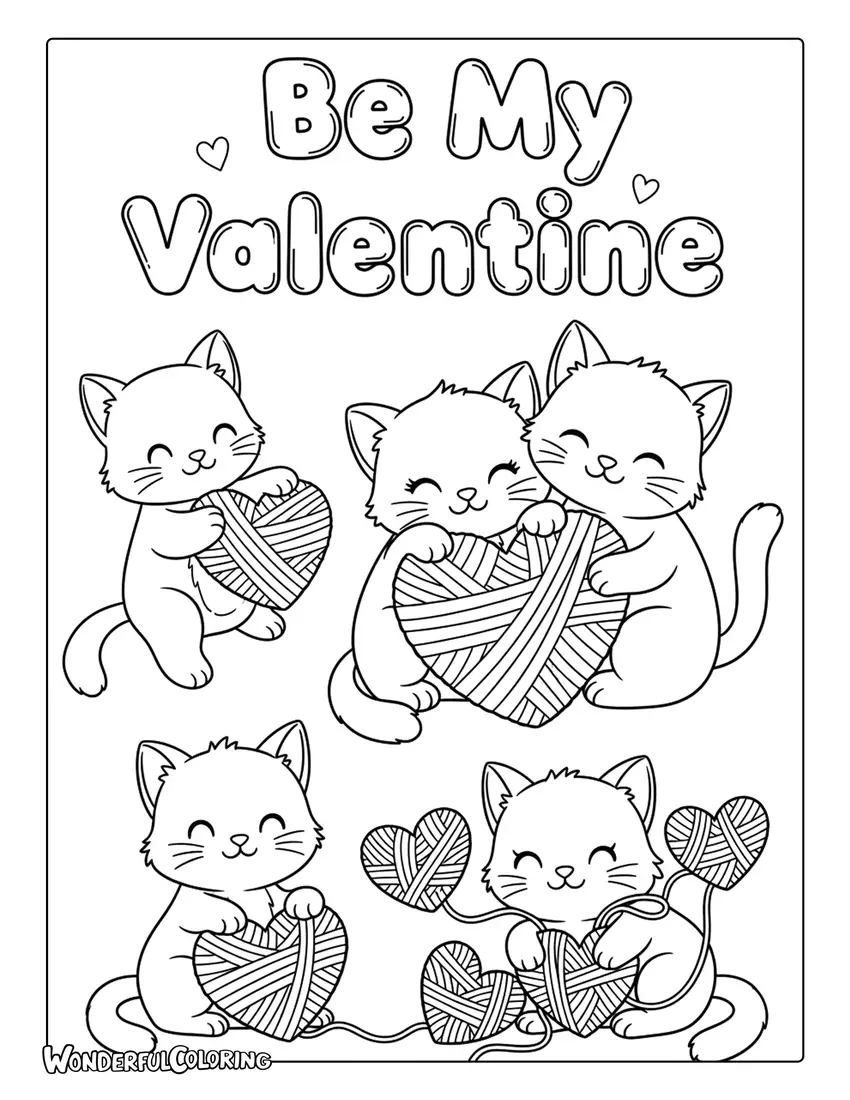 Kitten “Be My Valentine” coloring page with playful cats and yarn hearts