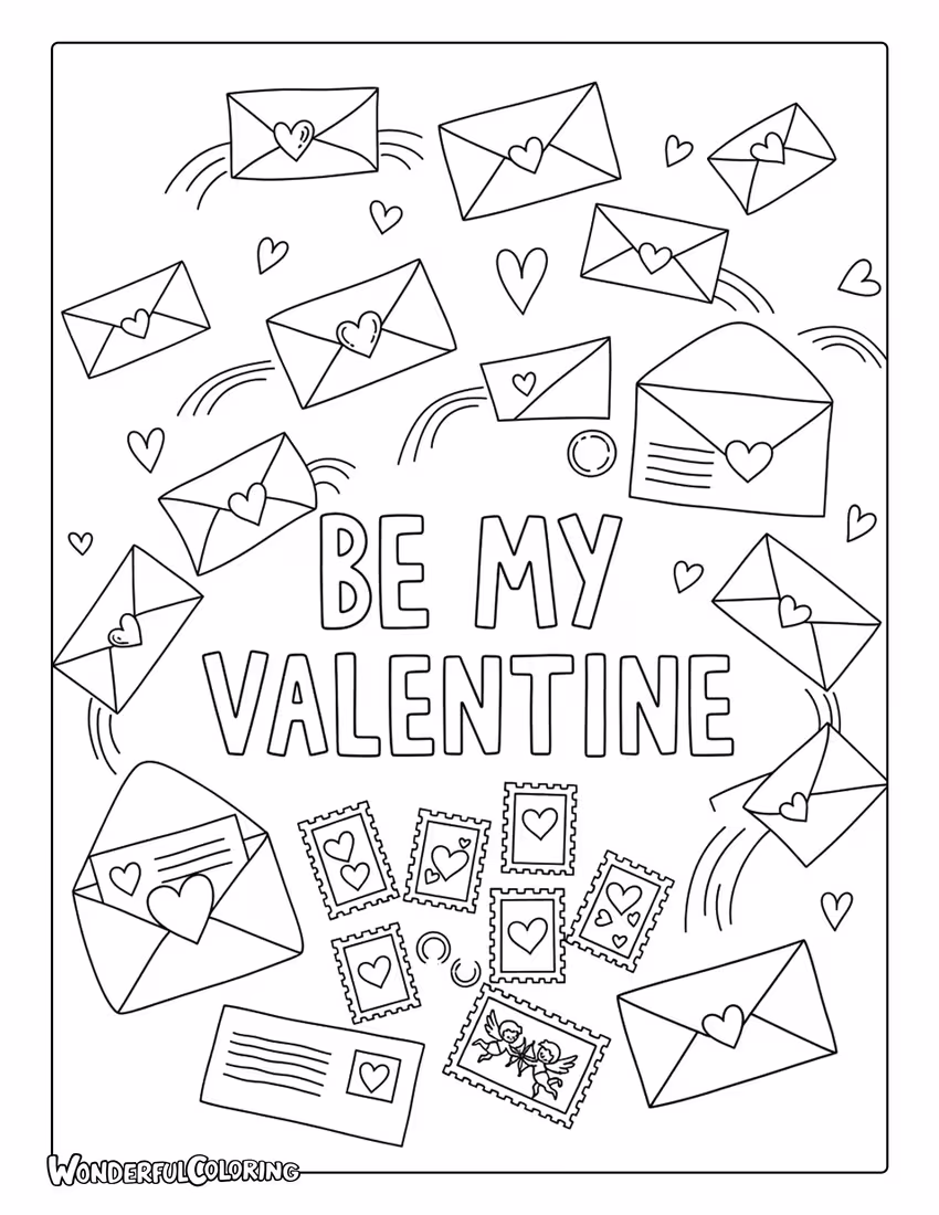 Valentine mail “Be My Valentine” coloring page with envelopes and letters