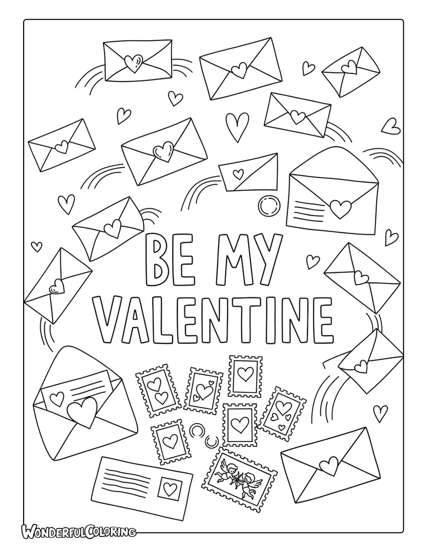 Valentine mail “Be My Valentine” coloring page with envelopes and letters