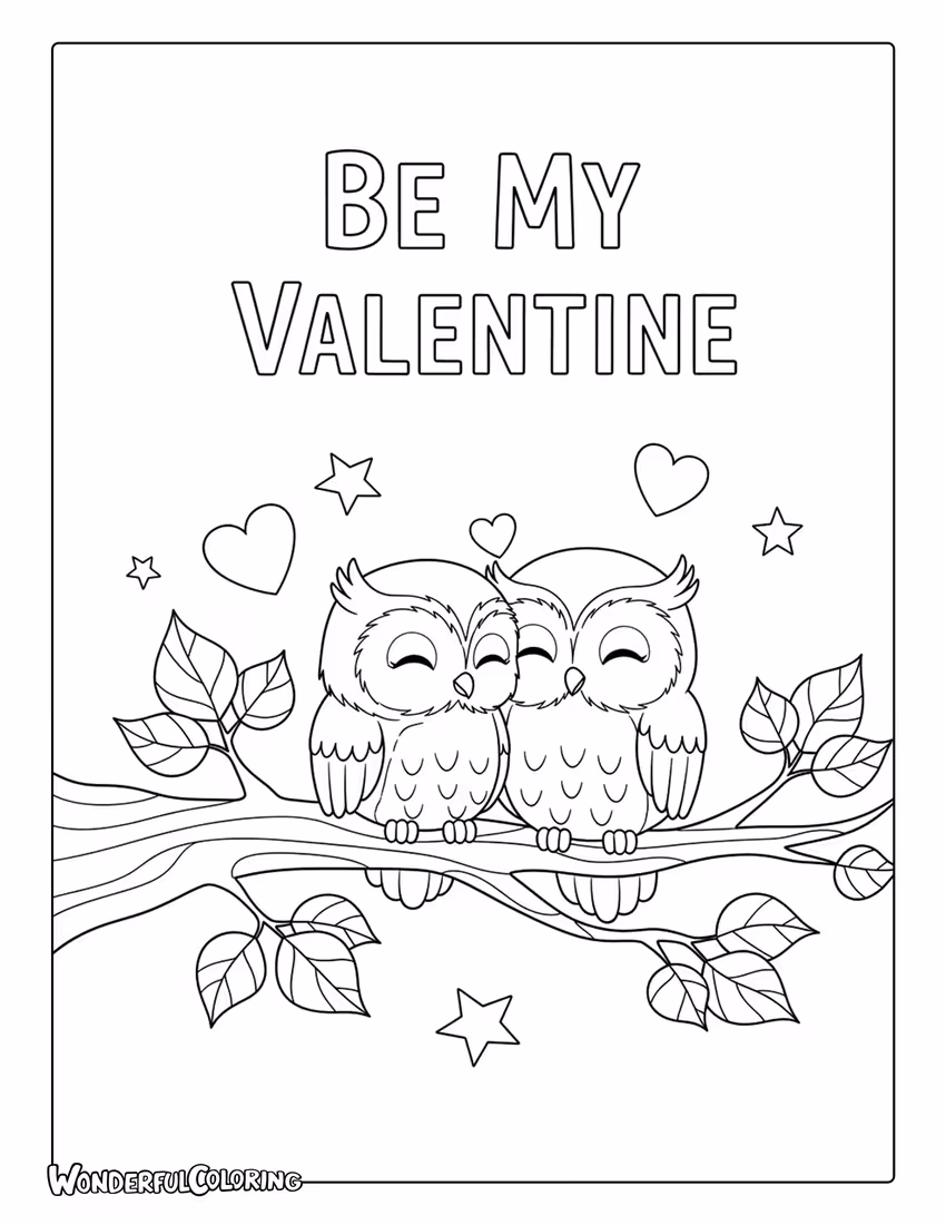 Owl couple “Be My Valentine” coloring page with owls on a tree branch