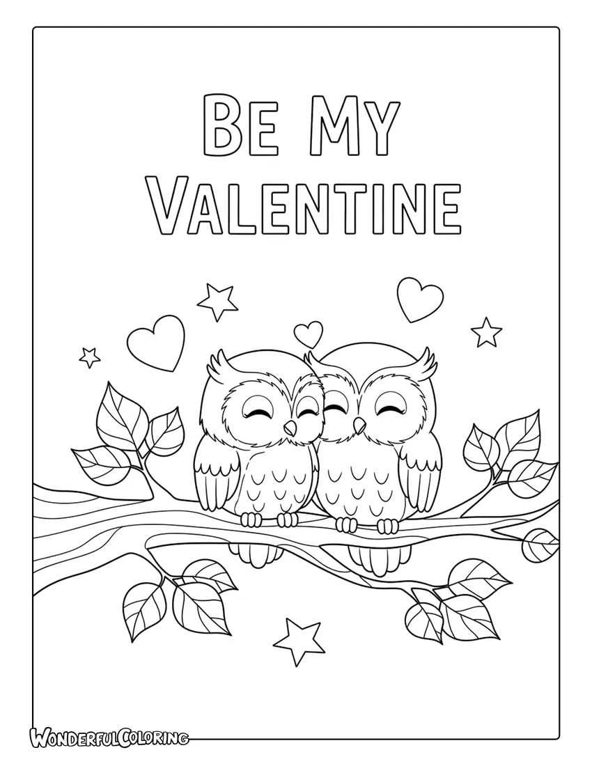 Owl couple “Be My Valentine” coloring page with owls on a tree branch