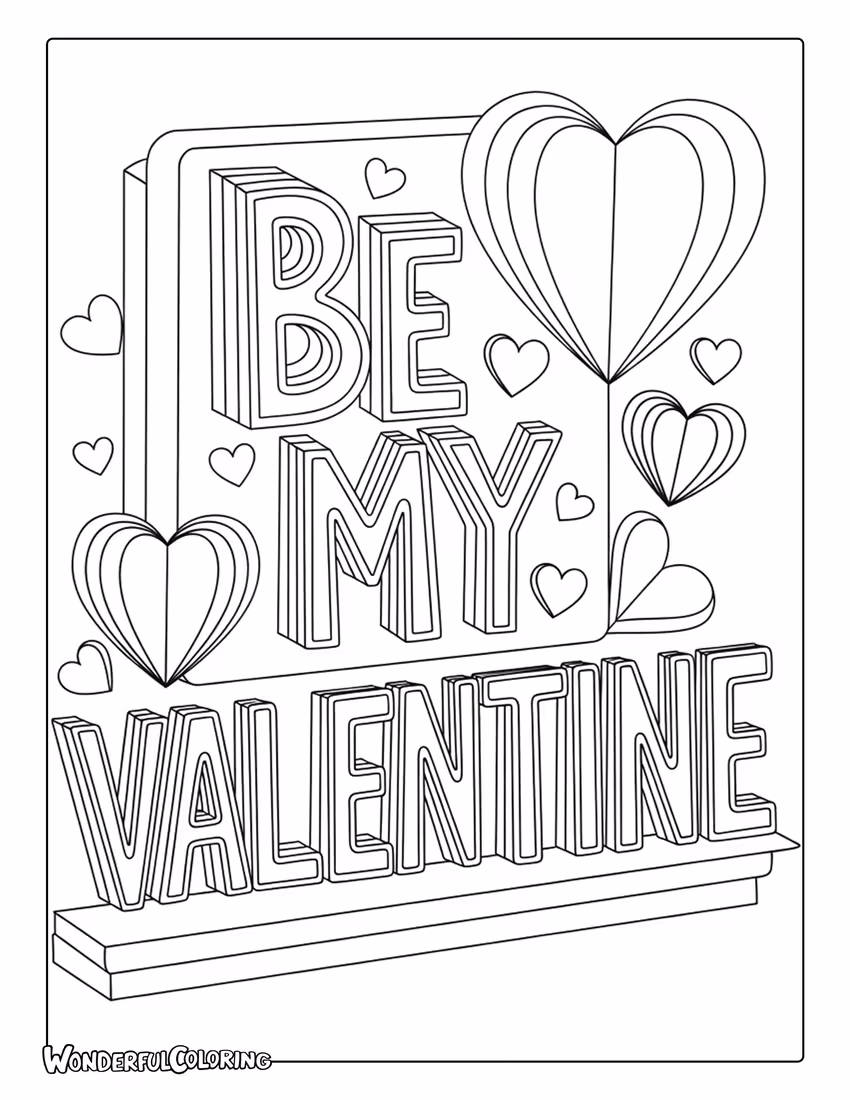 Papercut “Be My Valentine” coloring page with layered heart shapes