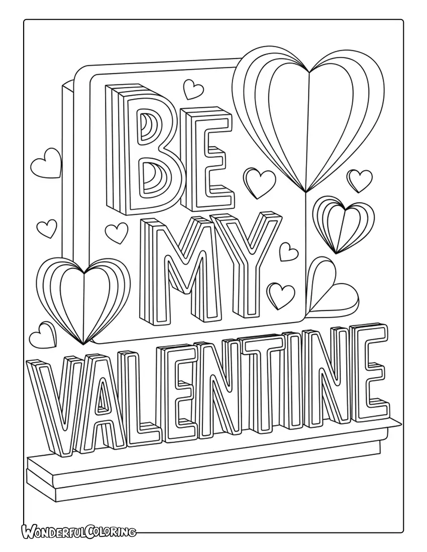 Papercut “Be My Valentine” coloring page with layered heart shapes