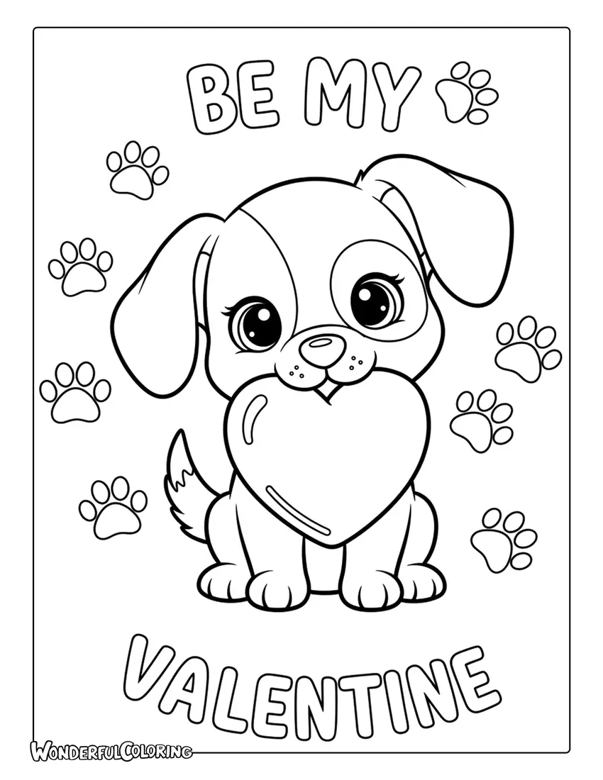 Puppy “Be My Valentine” coloring page with dog holding a heart