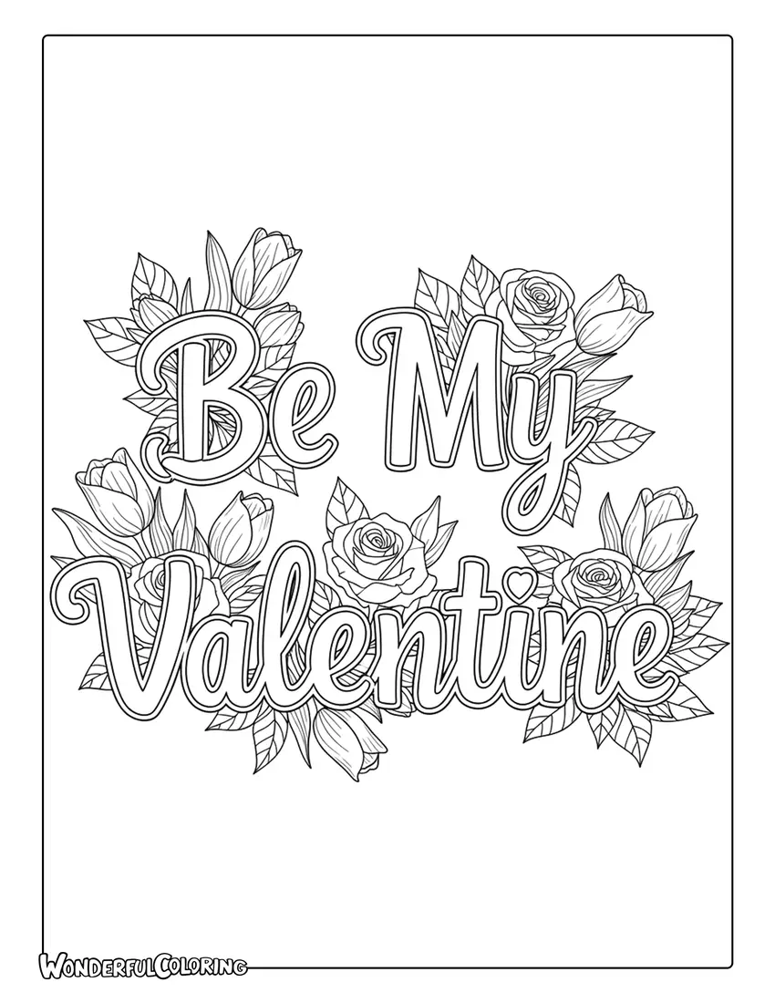 Romantic floral “Be My Valentine” coloring page with roses and elegant script