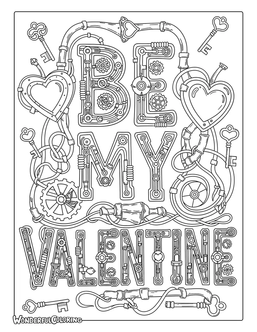 Steampunk “Be My Valentine” coloring page with gears and mechanical hearts