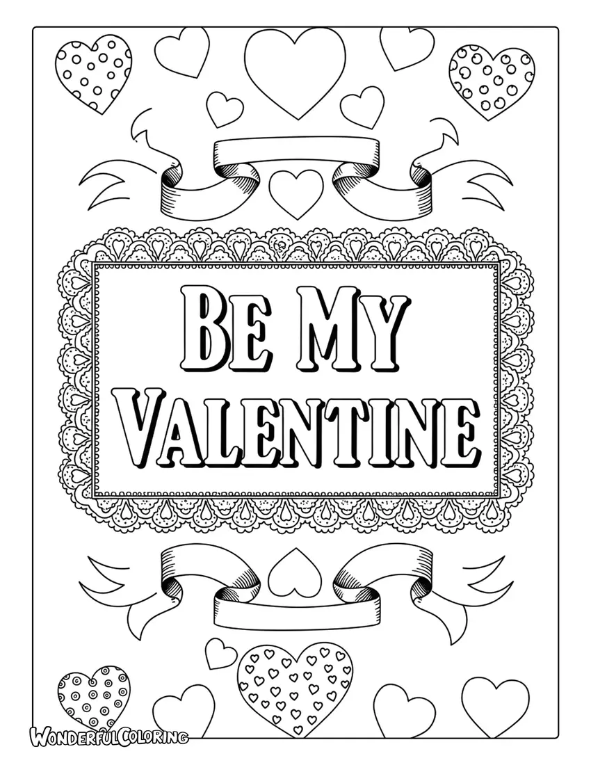 Vintage “Be My Valentine” coloring page with lace and ribbon decorations
