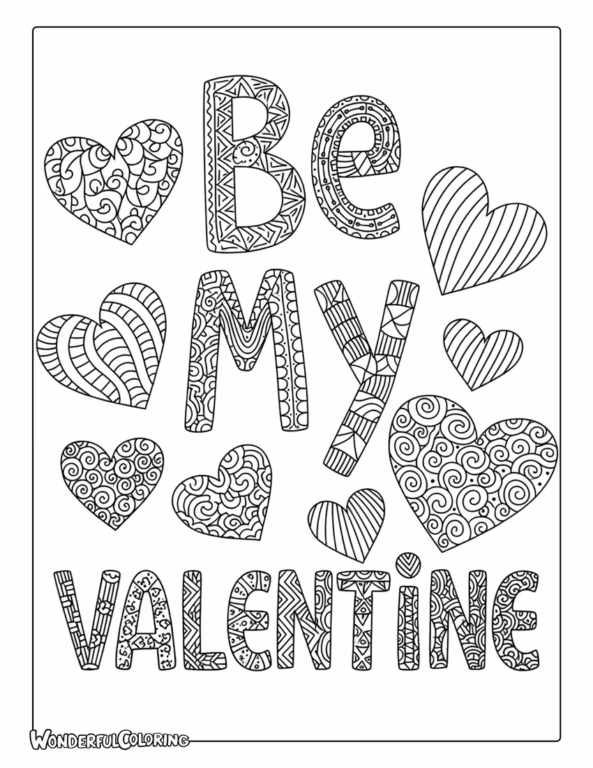 Zentangle “Be My Valentine” coloring page with intricate patterns