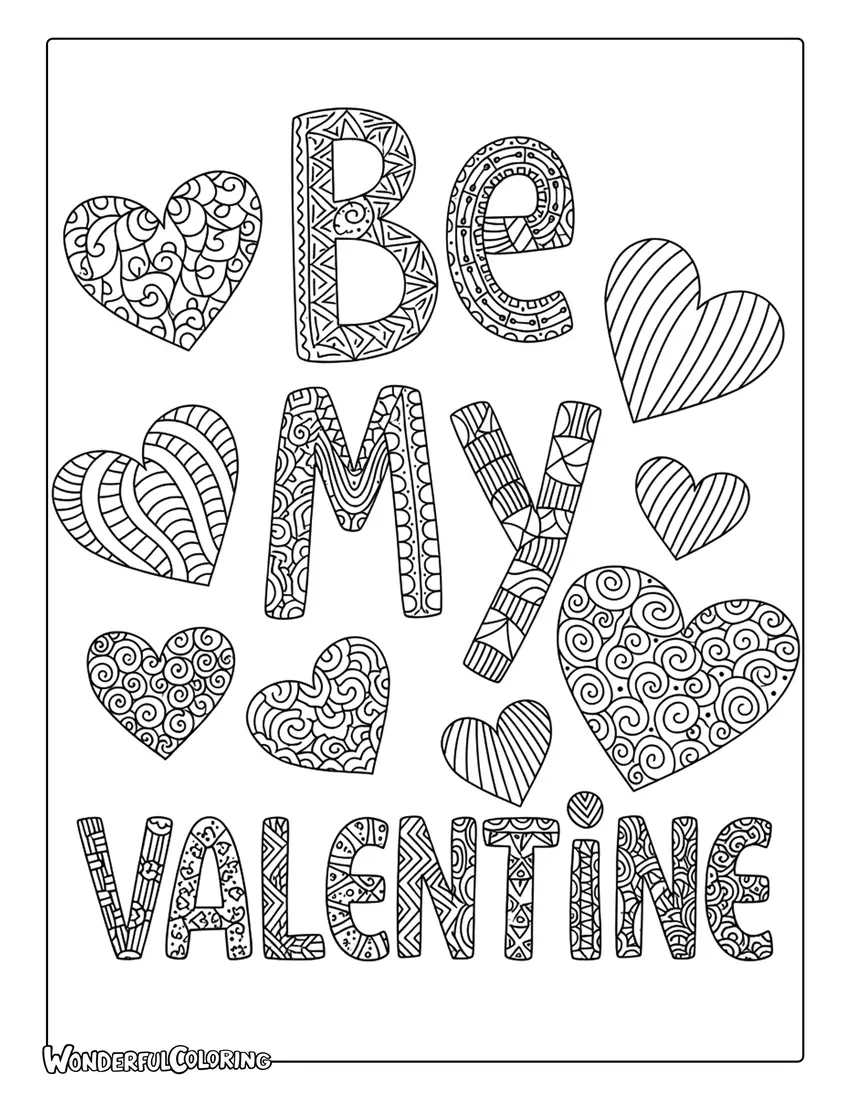 Zentangle “Be My Valentine” coloring page with intricate patterns