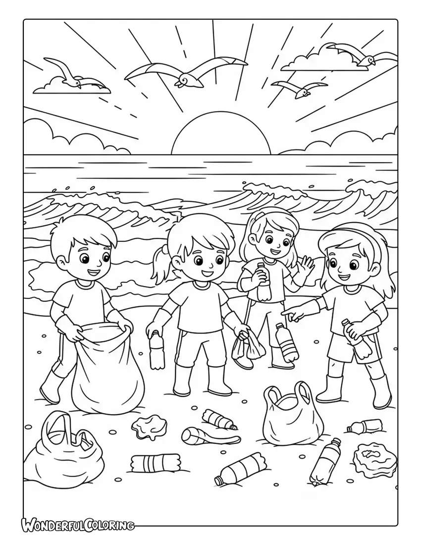 beach cleanup kids collecting plastic ocean coloring page