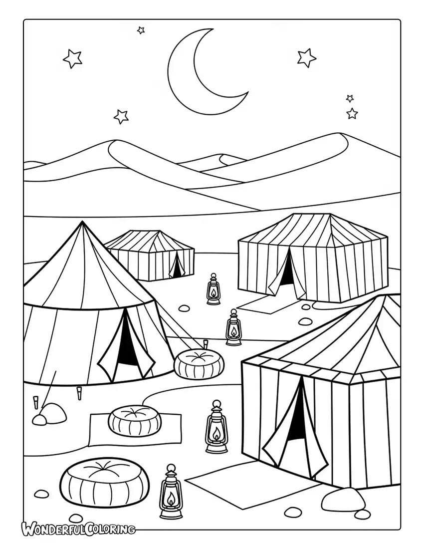 Bedouin desert camp Dubai coloring page with tents, lanterns, and cushions