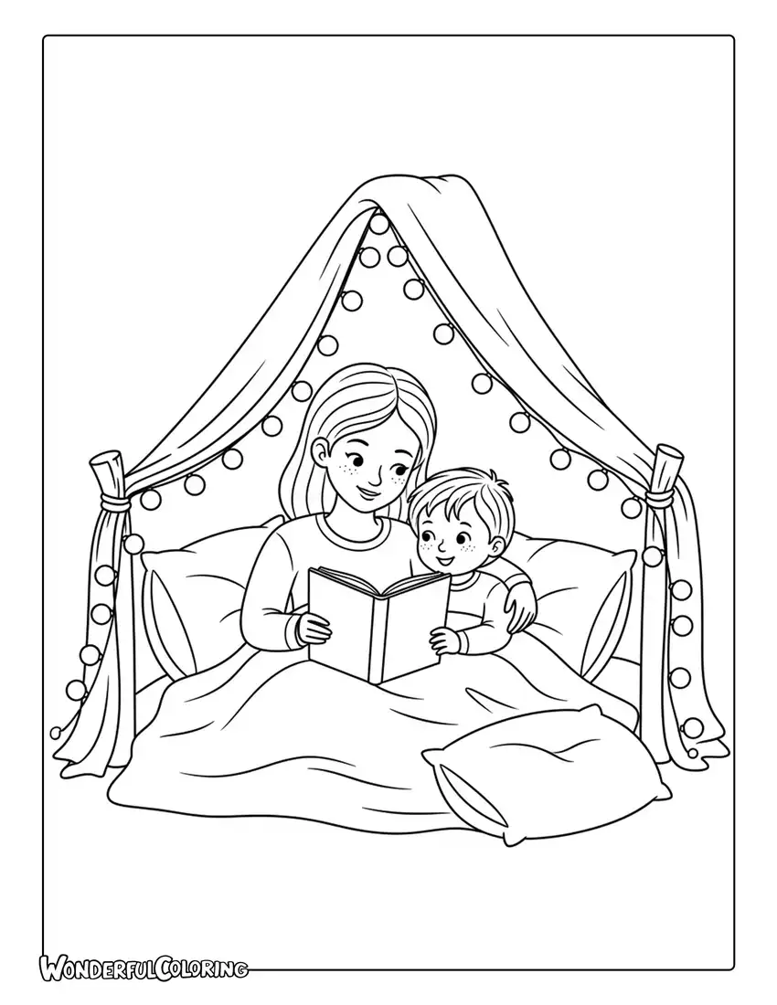 bedtime story mother child cozy scene coloring page blanket fort