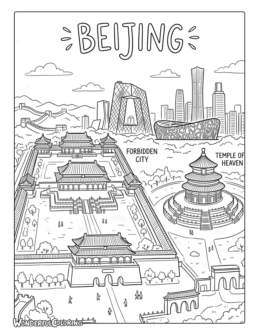 Beijing architectural sketch with Forbidden City and Temple of Heaven coloring page