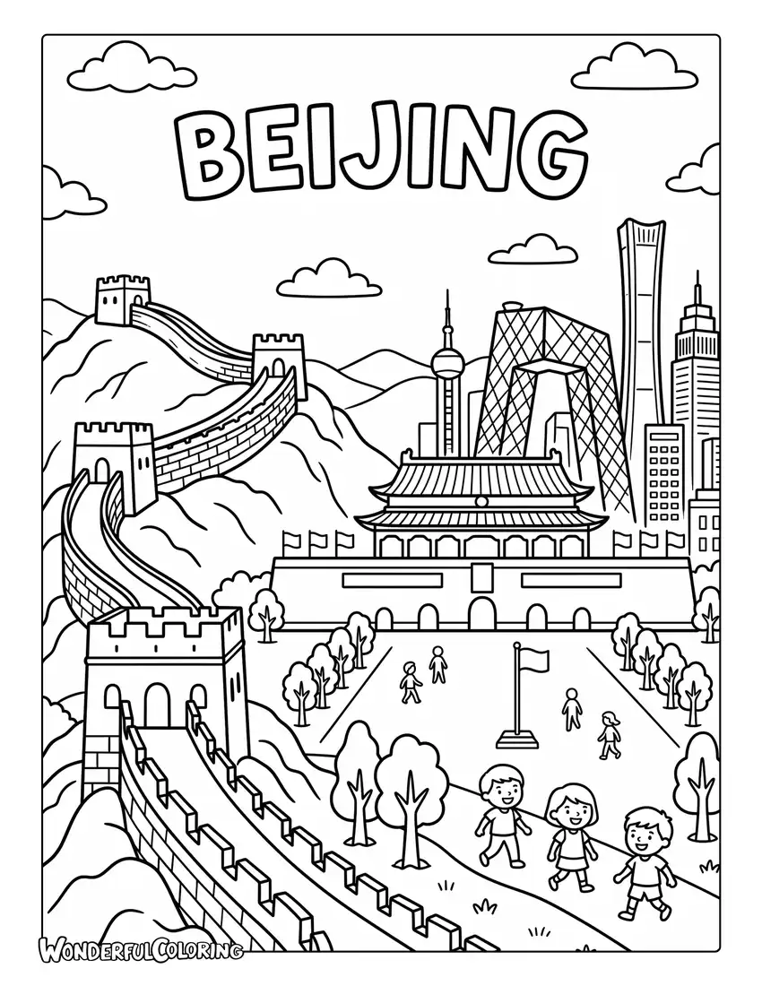 Beijing Great Wall Forbidden City and Tiananmen Gate coloring page