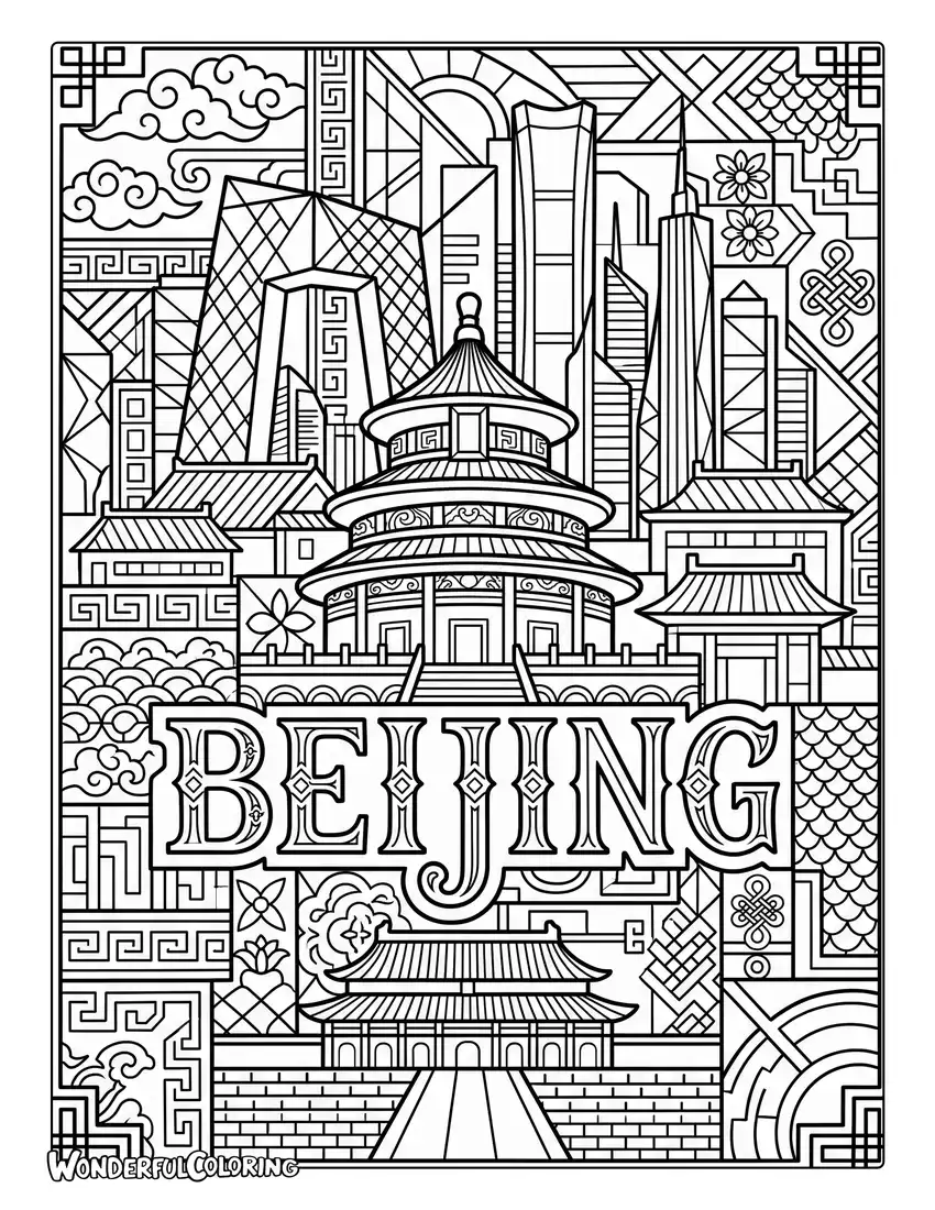 Beijing geometric art with Temple of Heaven and Chinese patterns coloring page