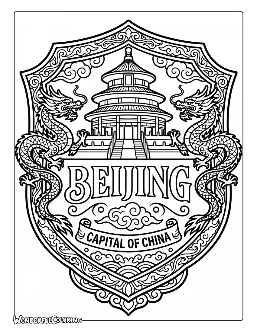 Beijing golden emblem with Temple of Heaven dragons and clouds coloring page