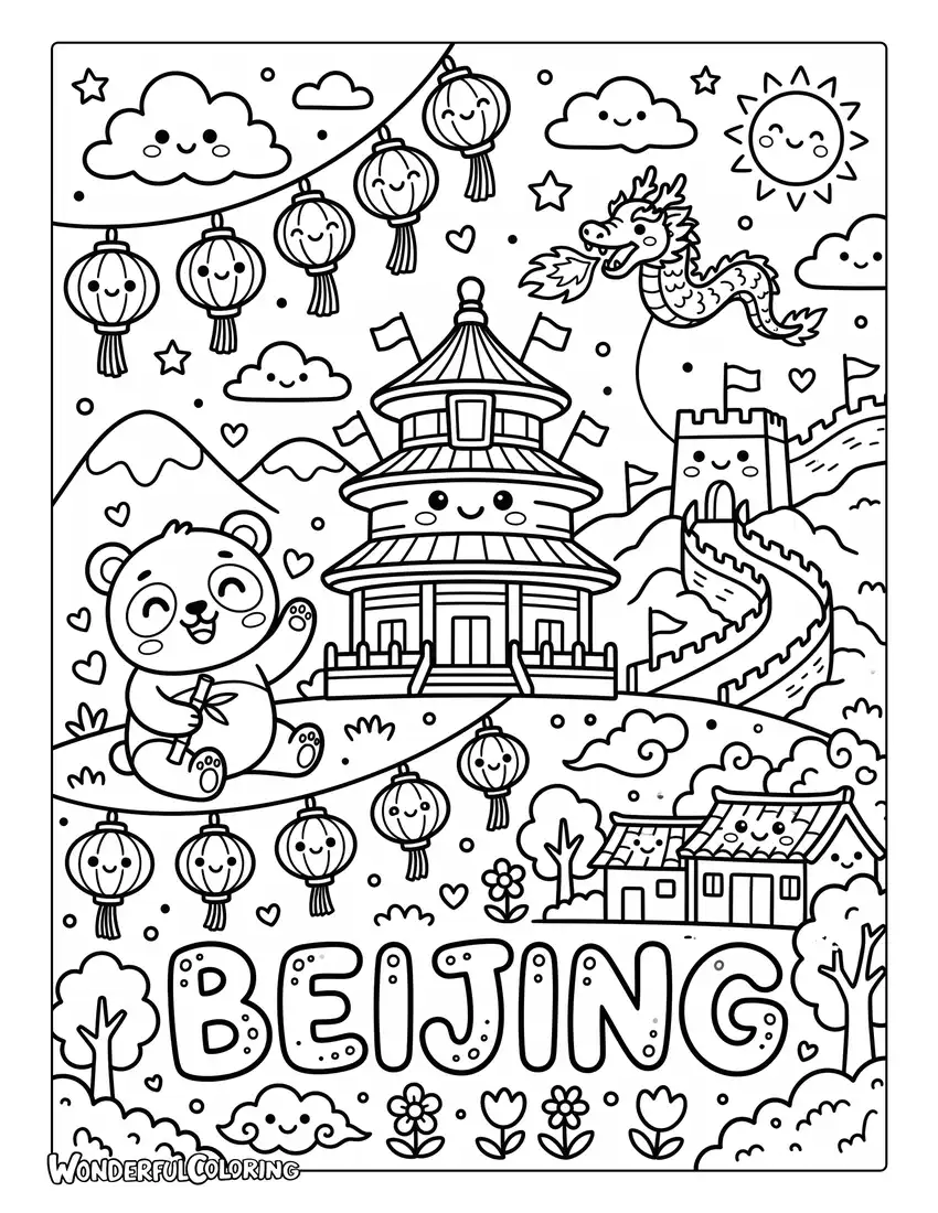 Beijing kawaii landmarks with panda and red lanterns coloring page