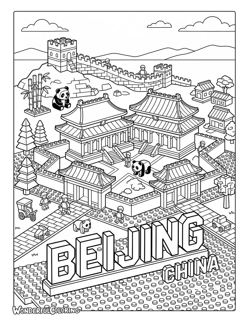 Beijing LEGO city with Great Wall and panda coloring page