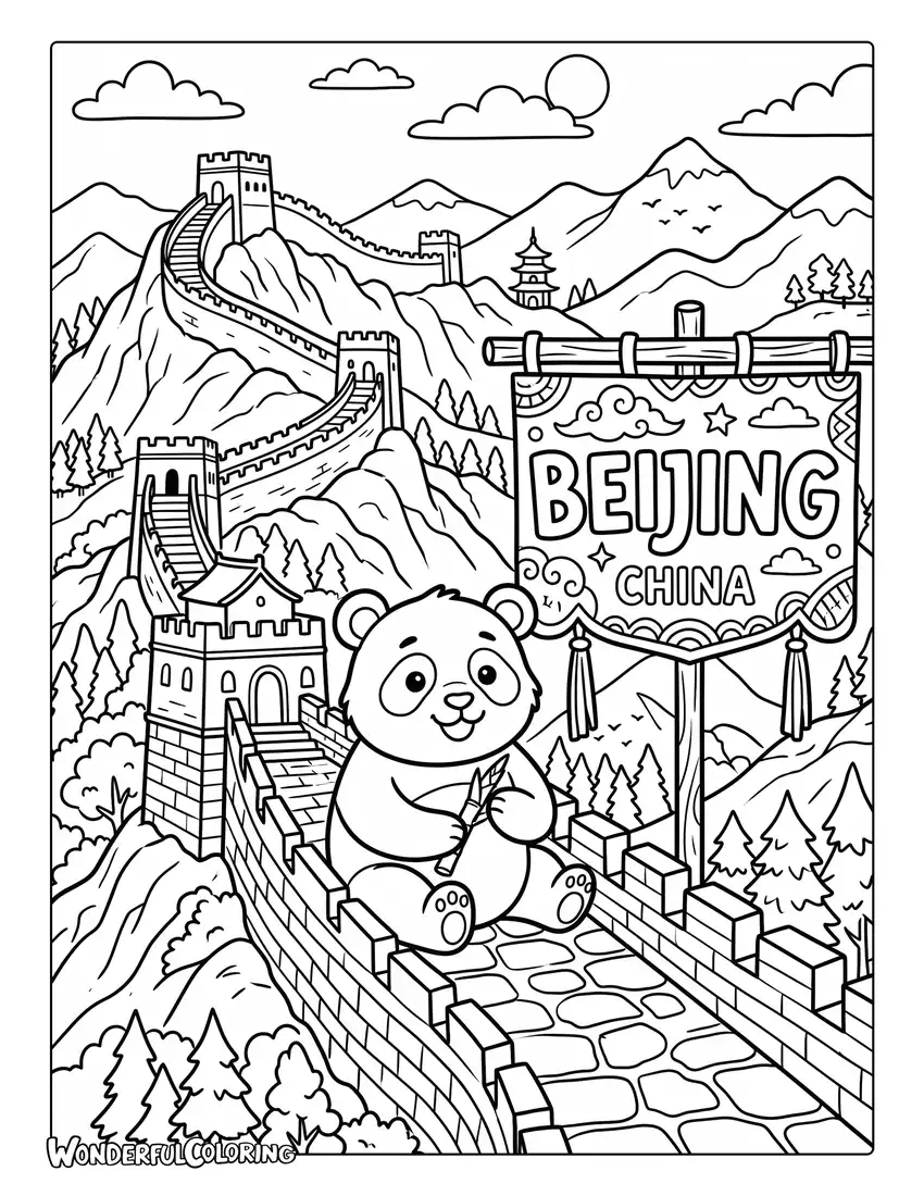 Beijing panda sitting beside the Great Wall coloring page