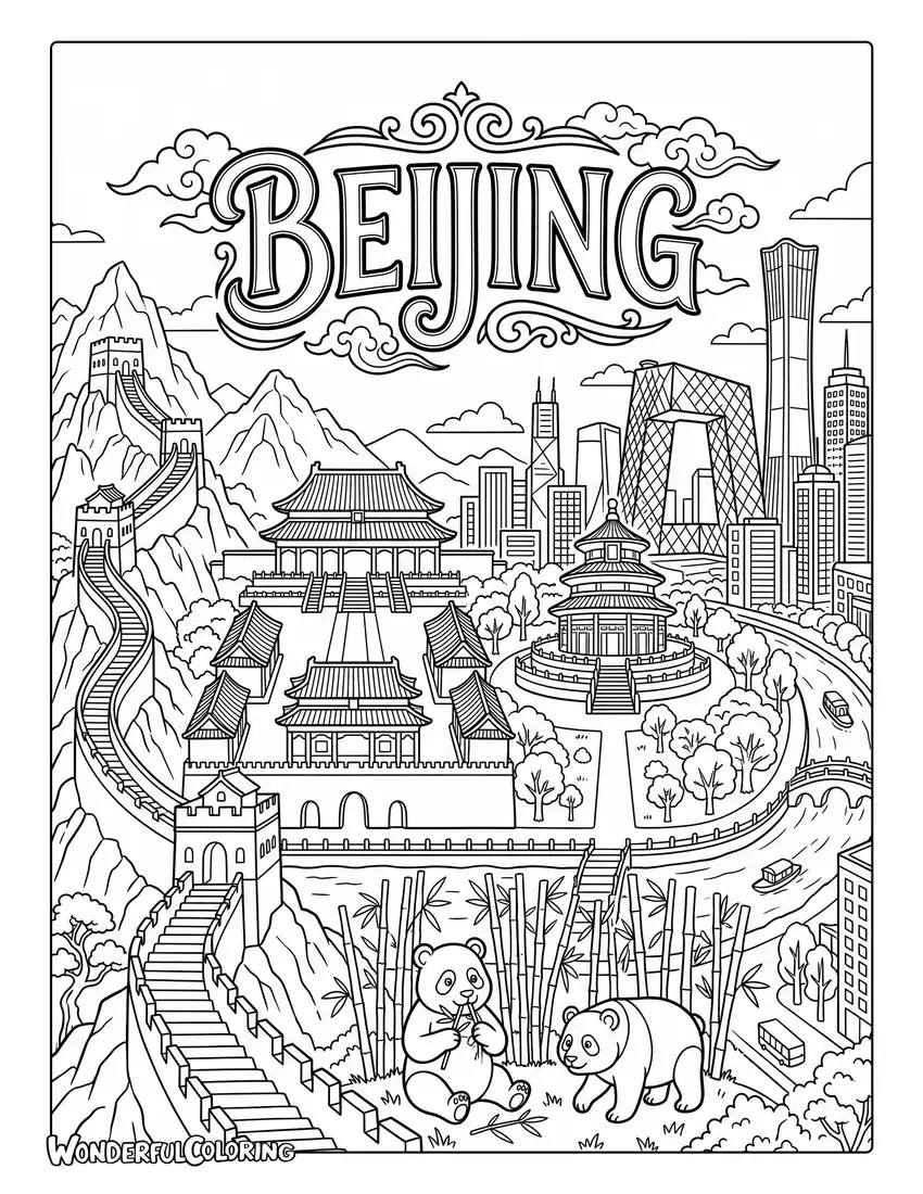 Beijing panoramic city with Great Wall Forbidden City and skyline coloring page