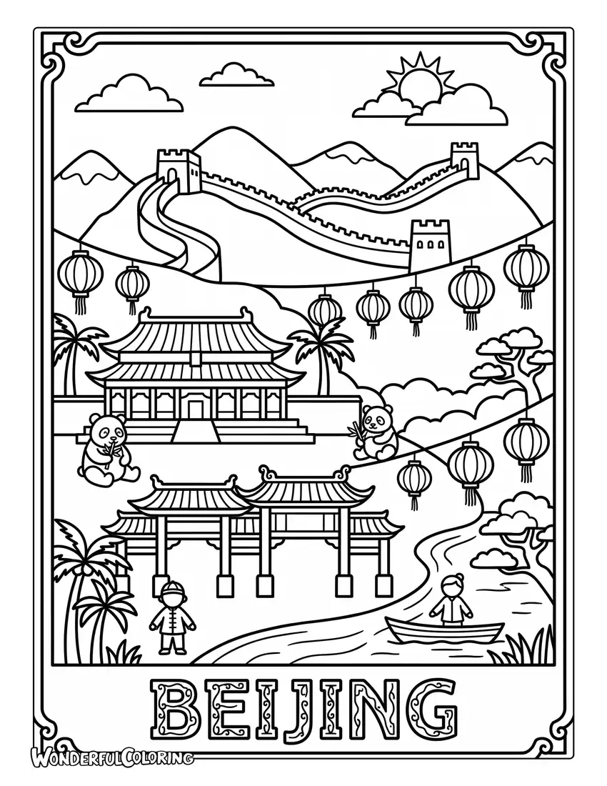 Beijing paper cut art with Forbidden City and Great Wall coloring page
