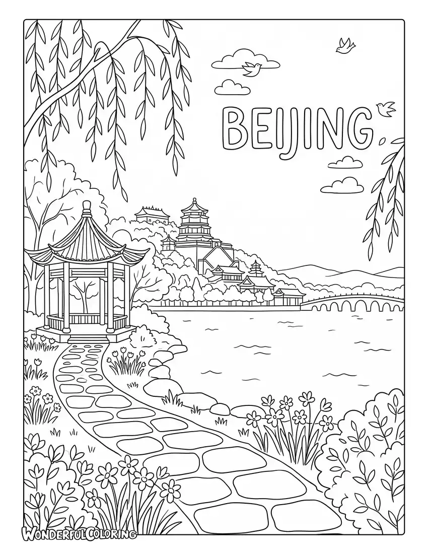 Beijing spring park with Summer Palace and blooming flowers coloring page