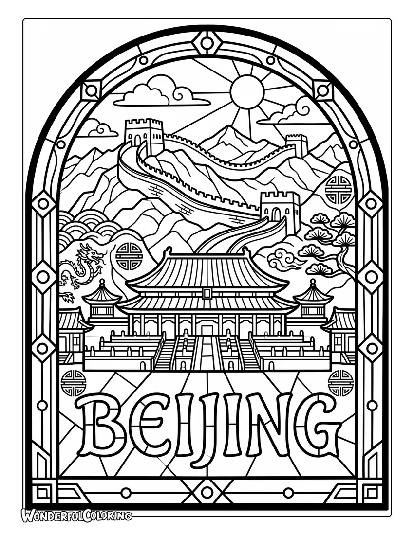 Beijing stained glass landmarks with Forbidden City and Great Wall coloring page