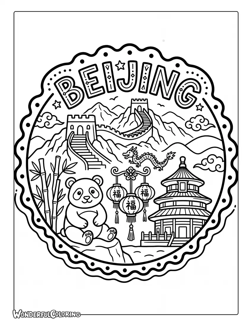 Beijing travel sticker with Great Wall panda and red lanterns coloring page