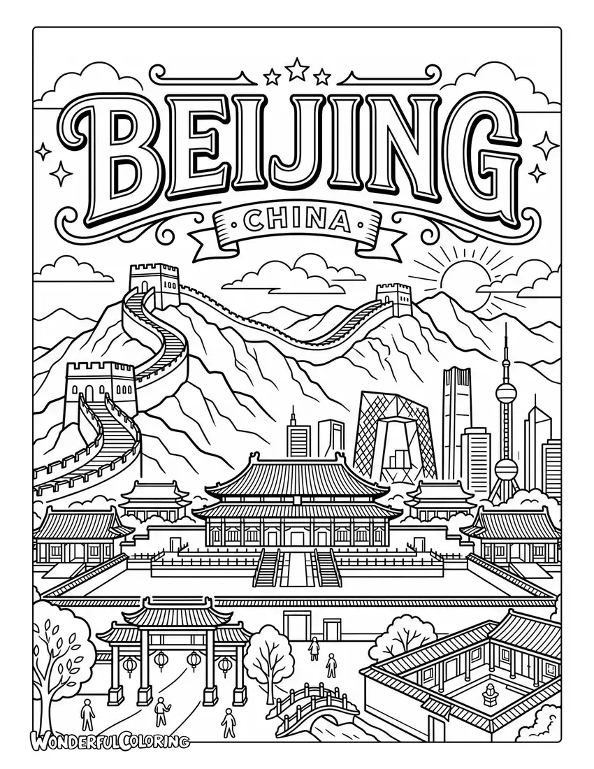 Beijing Great Wall and Forbidden City vintage travel coloring page