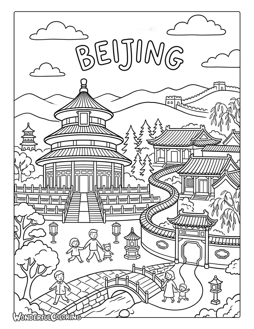 Beijing landmarks with Temple of Heaven and cherry blossoms coloring page