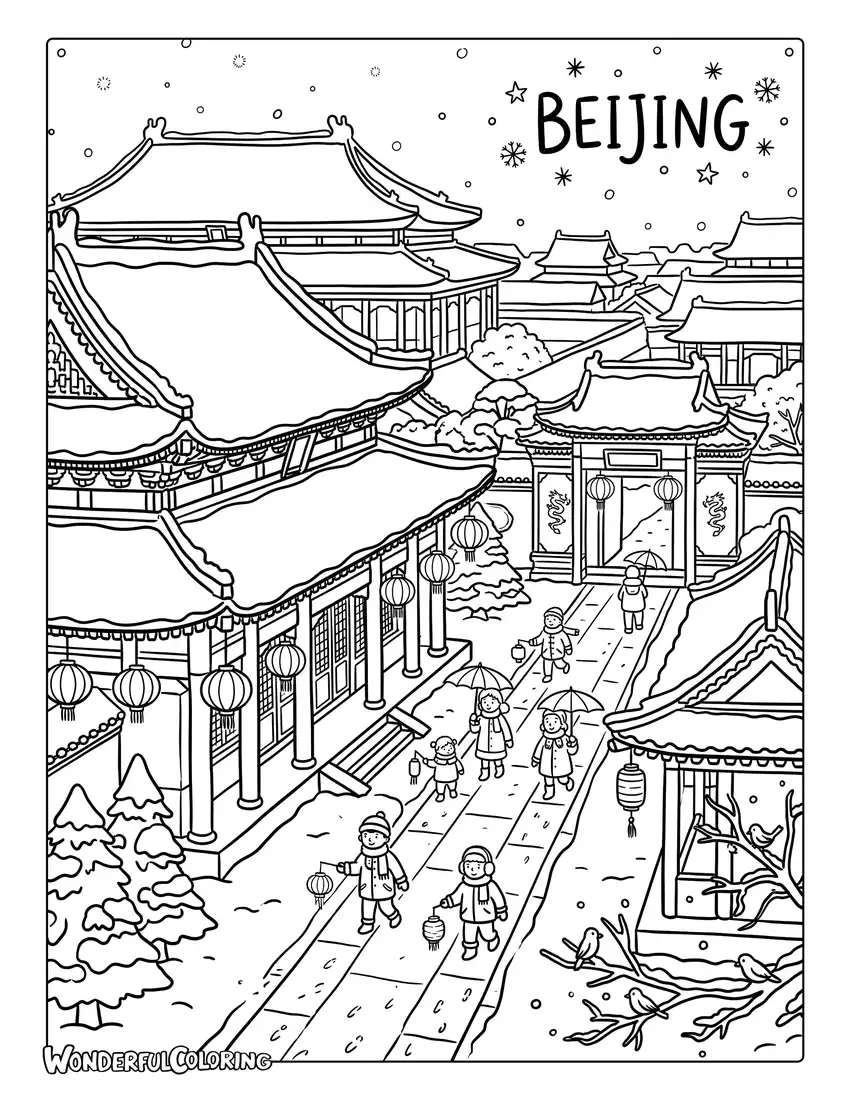 Beijing winter scene with snowy Forbidden City coloring page