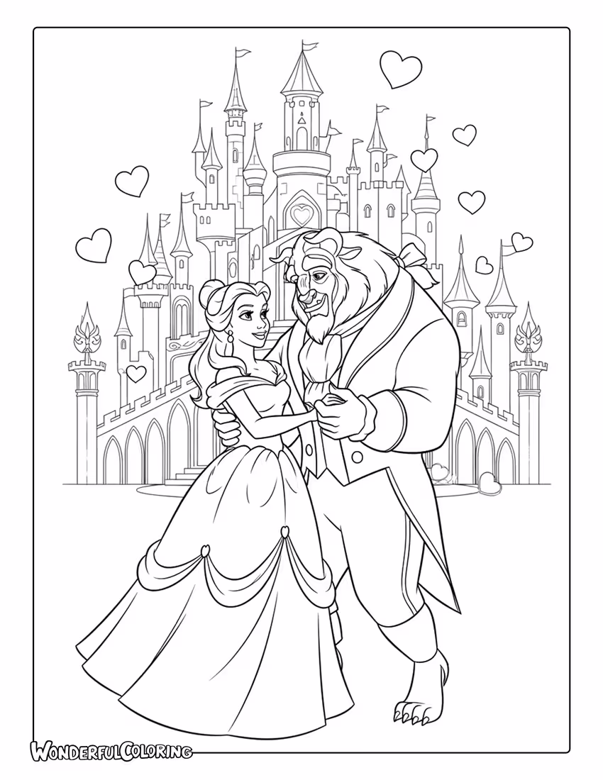 Belle and the Beast dancing with floating hearts, romantic Valentine coloring page