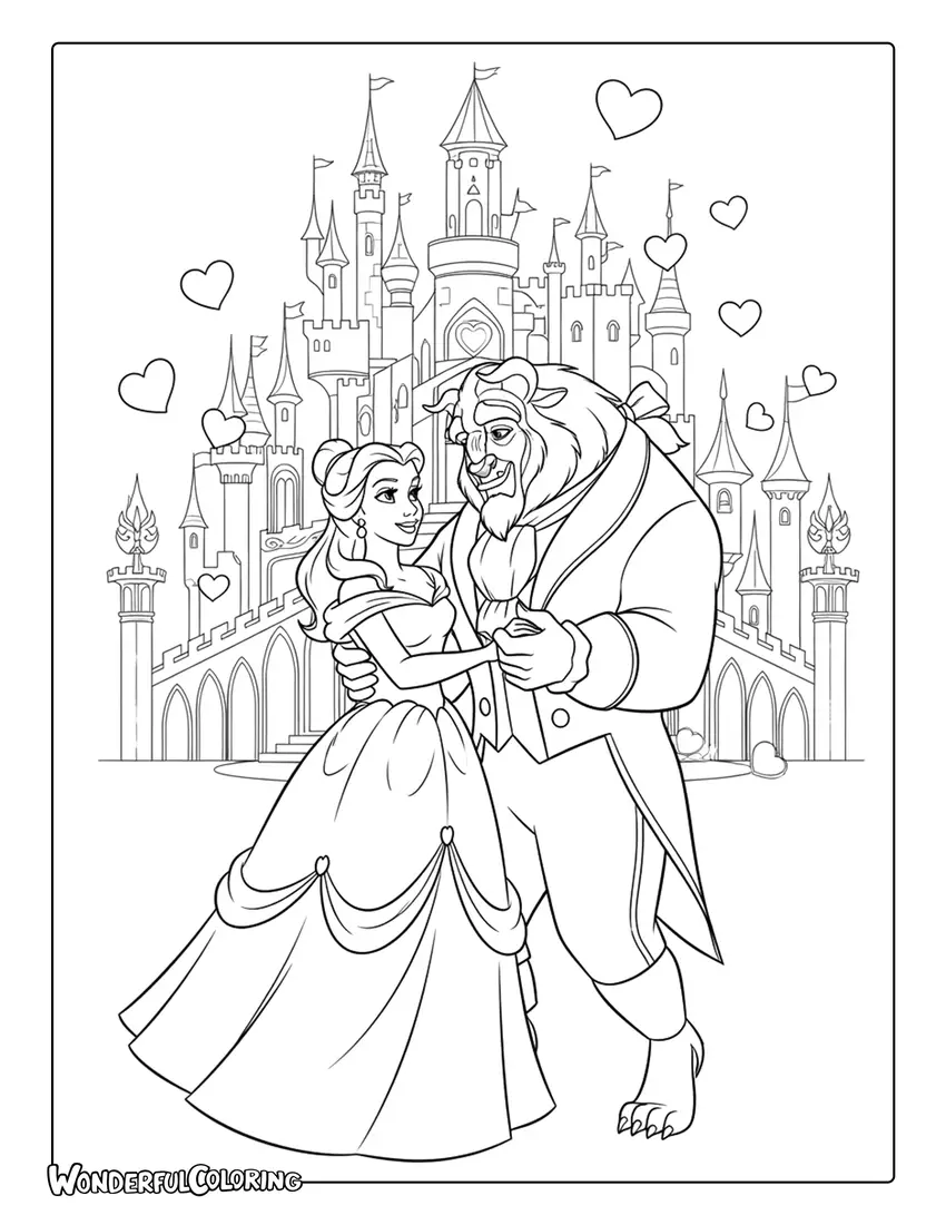 Belle and the Beast dancing with floating hearts, romantic Valentine coloring page