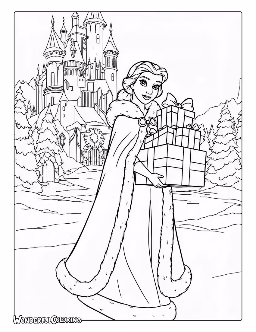 Belle Coloring Page with Christmas Gifts