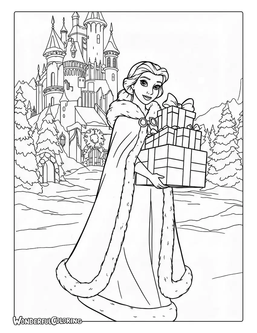 Belle Coloring Page with Christmas Gifts